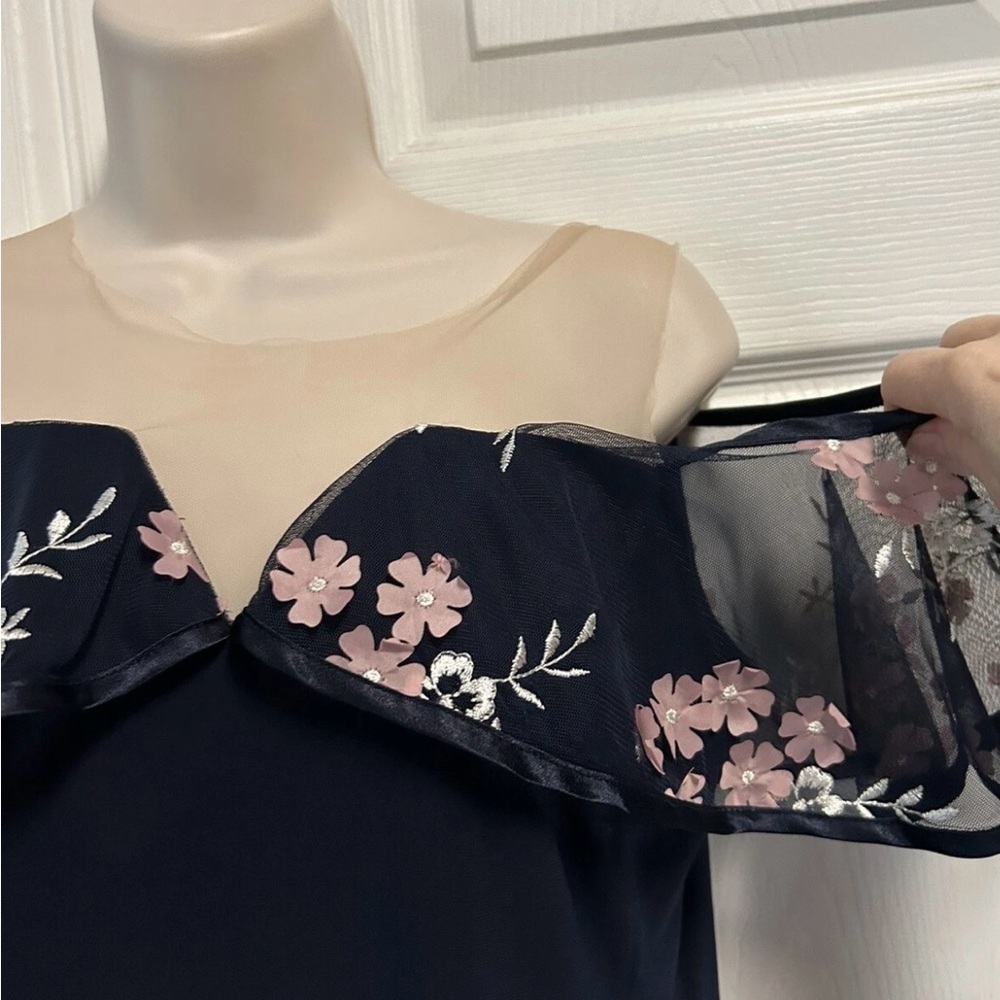 Prelude Navy Dress Floral Illusion Cold Shoulder 3-D Flowers Sz Small Formal View 2